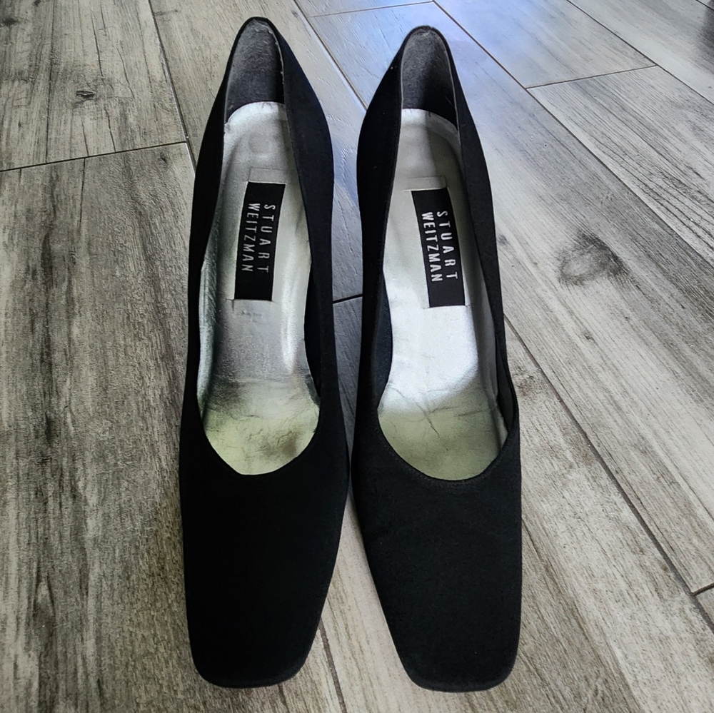 Stuart Weizmann Black Cloth Pumps Heels Square Toe Minimalist Office Work 9B